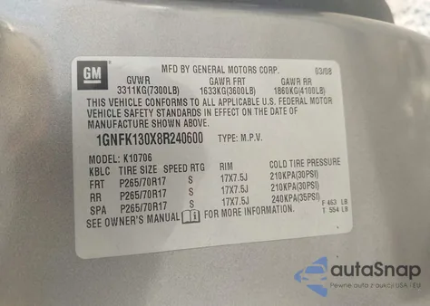 2008 Chevrolet Tahoe Ls from USA, damaged, VIN 1GNFK130X8R240600
